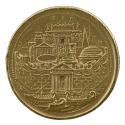 Gilt bronze medal of a walled city with temples and other buildings, with an entrance flanked b…