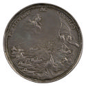 Silver medal depicting ships at sea with an angel raising a sword as it emerges from the clouds