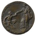 Bronze medal of a draped figure holding a book pulling a naked man out of a grave