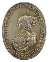 Silver medal of Queen Henrietta, hair combed flat on top, held by a small crown, and loose and …