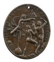 Bronze medal of Fortune, draped and standing on a sphere, removing one of Icarus’s wings as Dae…