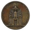 Bronze medal of the gates of Pignerol, styled as a triumphal arch, with a dog peering between t…