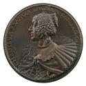 Bronze portrait medal of Christine of France, hair tightly curled beneath a crown, wearing earr…