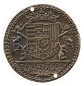 Bronze medal of the Lorraine coat of arms, with ducal crown, and four genies as supporters; lau…