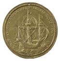 Gilt bronze medal of a war galleon; pearled border