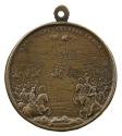 Bronze medal depicting, in the central middle ground, a soldier on horseback, with a hat outstr…