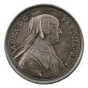 Silver portrait medal of Anne of Austria, Queen of France, hair pinned beneath a widow’s cap an…