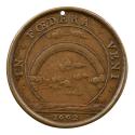 Bronze medal depicting a rainbow amidst clouds, above a field