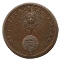 Bronze medal depicting the sun, with a face and curly hair, surrounded by rays, shining upon a …