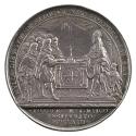 Silver medal depicting Louis resting his right hand on an altar before an open Bible and a cruc…