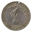 Silver medal of a hand emerging from clouds holding the holy ampulla above some vegetation; pea…