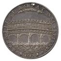 Silver medal of the Pont Saint-Michel, Paris, in choppy waters and beneath cloudy skies; pearle…