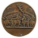 Bronze medal of two generals, each with an army behind him, shaking hands as Victory flies over…