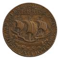 Bronze medal of a full-rigged ship of the line (part of the Arms of Paris), flying a flag embla…