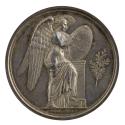 Silver medal of a female angel with large wings, wearing a sheer, classical dress, inscribing a…