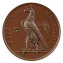 Bronze medal of an eagle in profile with two small fish to its left and a nude, winged victory …