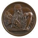 Bronze medal of a mountain in the shape of a nude, crouching man, with a long beard and his han…