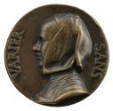 Bronze portrait medal of a woman wearing a wimple in profile to the left