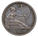 Silver medal depicting fortune as a seated woman in classical dress in profile to the right, ho…