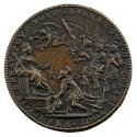 Bronze portrait medal of King Raoul de Rostaing, in classical armor and accompanied by troops b…