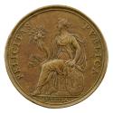 Bronze medal depicting a draped figure sitting on a base, holding a cornucopia in her right han…