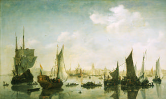 Oil painting of river with boats