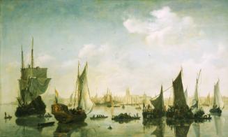 Oil painting of river with boats
