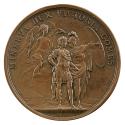 Bronze medal depicting Minerva, her shield aloft, being led by the hand Charles Emmanuel, weari…