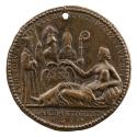 Bronze medal depicting a semi-nude woman, her hand resting on a shield bearing the arms of Fran…