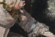 Close up of flowers on dress in oil painting of sitting woman