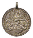 Silver medal depicting a spread eagle upon a plumed crest