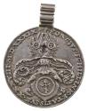 Silver medal depicting a helmet with heraldic shield