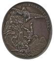 Silver medal depicting an upside down man falling off a cliff with an eagle above and a lion be…