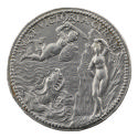 Lead medal depicting Perseus—wearing winged sandals and holding Athena’s shield—fighting a sea …