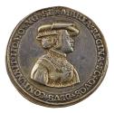 Silver medal of woman wearing a pleated chemise with embroidered collar, hat, and calotte