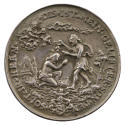 Silver medal depicting the baptism of Christ with God Father sending the Holy Spirit in the for…