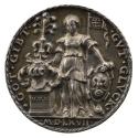 Silver medal depicting a female figure holding a shield with her left arm and a decorative helm…