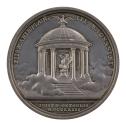 Silver medal depicting a Roman tempietto surmounted by an eagle and surrounded by clouds; insid…