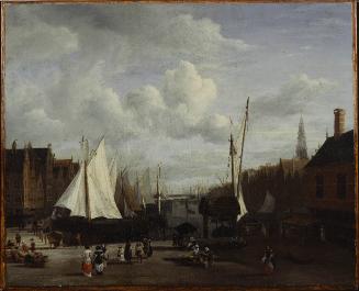 Oil painting of boats in a harbor