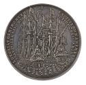 Silver medal depicting a British warship on the left and a Dutch warship on the right on a calm…