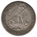 Silver medal depicting a warrior with a sword and shield standing on vanquished humans and beas…