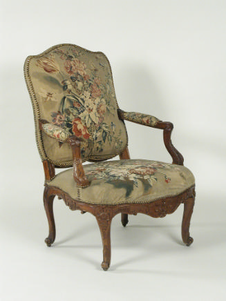Armchair with Tapestry Cover Showing Bouquets of Flowers, three-quarters view
