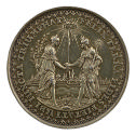 Silver medal of the figure of Piety on the left extending a hand to the figure of Faith on the …