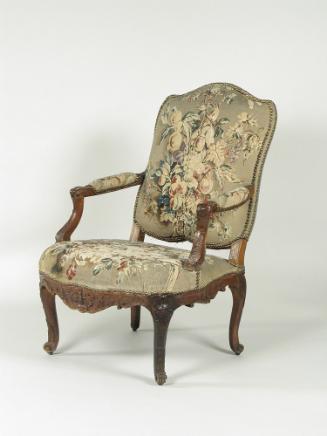 Armchair with Tapestry Covers Showing Fruit, three-quarters view
