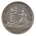 Silver medal depicting a kneeling figure swinging a smoking censor before an altar