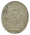 Silver medal with inscription around a small oval within which five hands extend from clouds to…