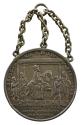 Gilt-silver medal depicting a man on horseback under a canopy supported by four men moving to r…