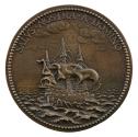 Bronze medal depicting a war ship sailing on a choppy sea