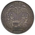 Silver medal depicting an older man, a woman, a teenage boy and girl, and two small children wi…