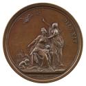 Bronze medal of a veiled woman standing with her right hand on the shoulder of seated a woman